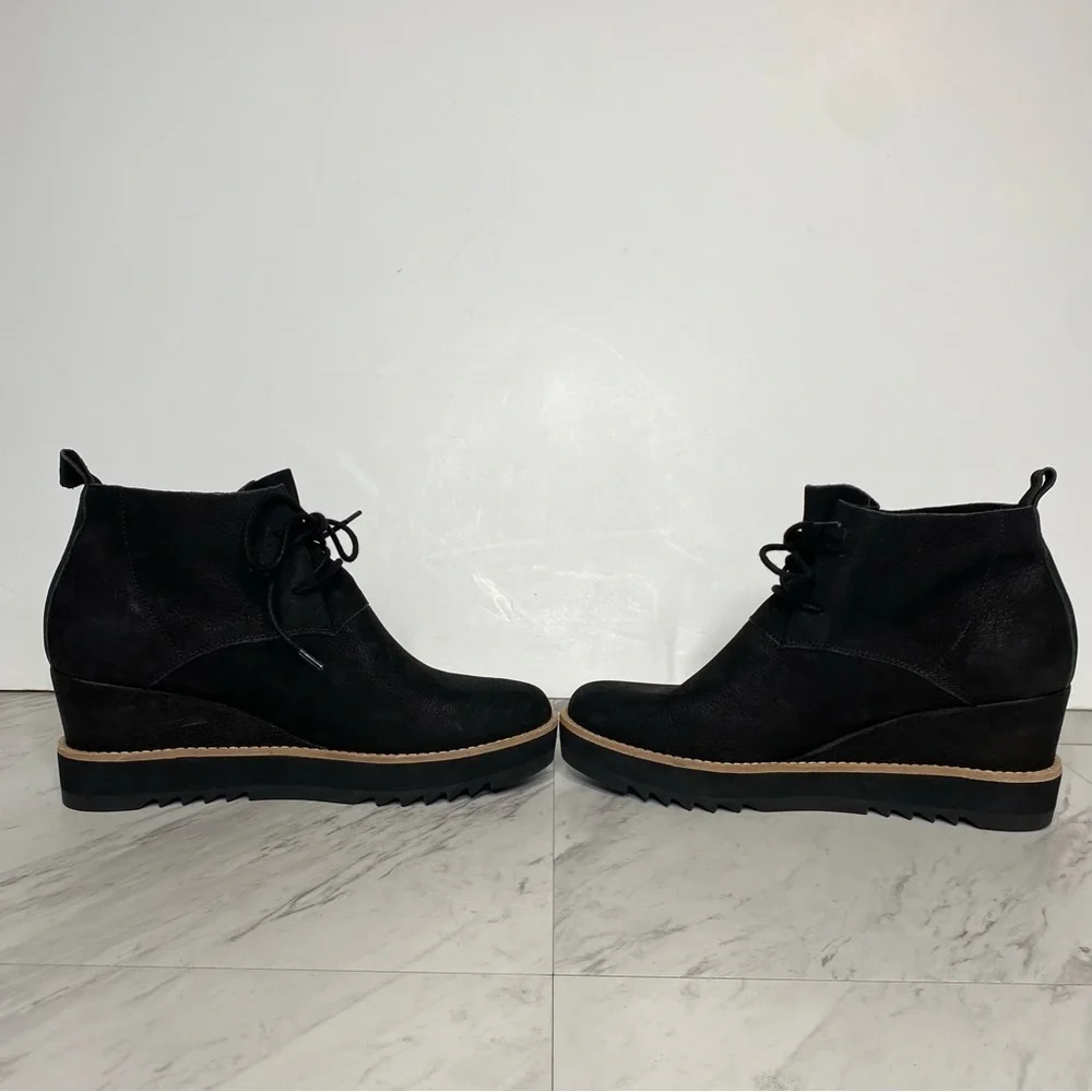 Eileen Fisher Capa Wedge Black Nubuck Lace Up Bootie 9 1/2